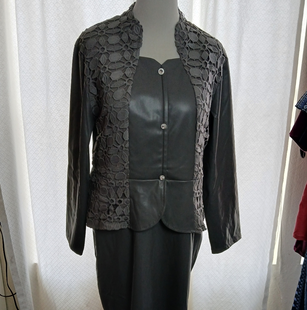 Grey XXL Pleather Dress With Lace Trim And Faux Blazer